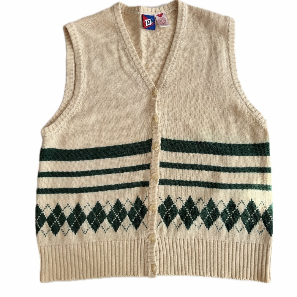 VTG 80’s Tail Sweater Vest Knit Argyle Cream/Green Sz L Cottage Grandpa Core